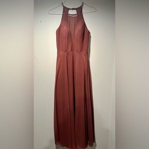 High neck mauve bridesmaids dress.